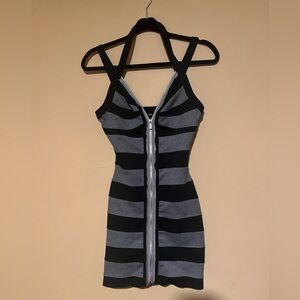 Bebe Black and Grey Striped Front Zipper
Halter Mini Dress NWOT